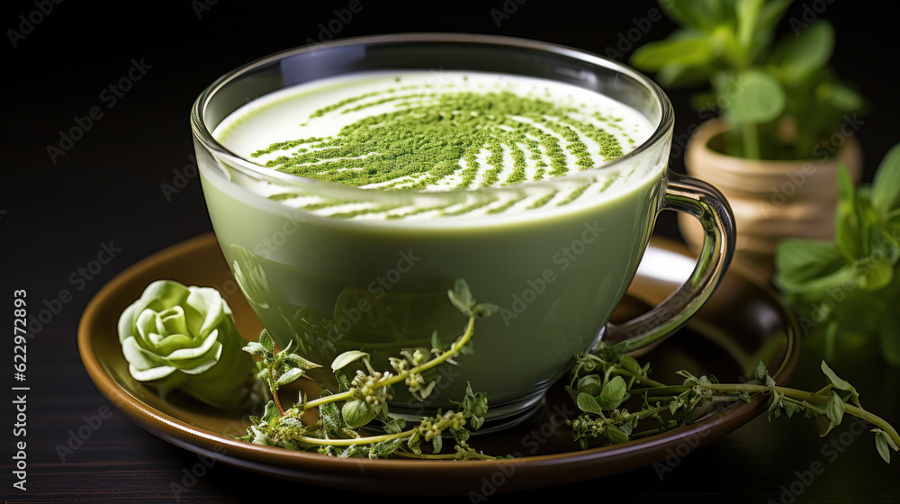 Homemade matcha and almond milk iced latte on dark wooden background Homemade matcha and almond milk iced latte on dark wooden background
