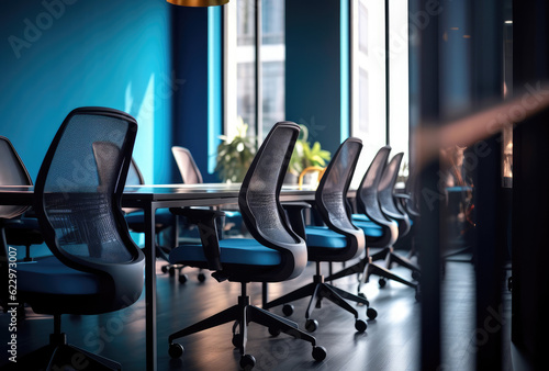 an empty office with several chairs at the desk