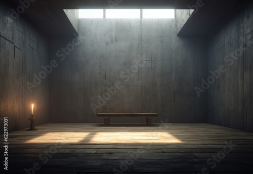 dark concrete room with light shining