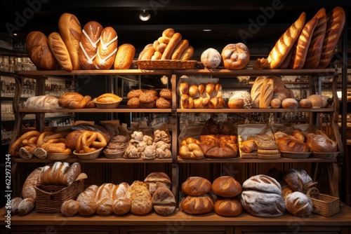 Bakery Shelf With Many Types Of Bread, Generative AI 