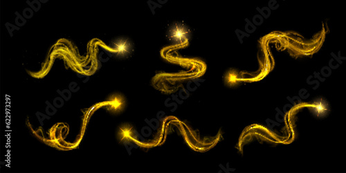 Gold magic glow line effect and neon swirl shine vector. Energy wave with flare and sparkle. Spiral vortex with shiny particle. Hurricane or tornado twist with stardust and beautiful flying trail