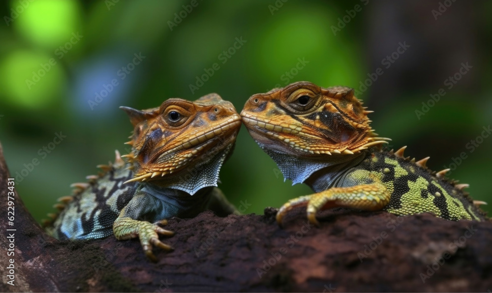 Naklejka premium Vibrant World: A Kaleidoscope of Colorful Chameleons in their Natural Habitat GENERATIVE AI, AI GENERATIVA