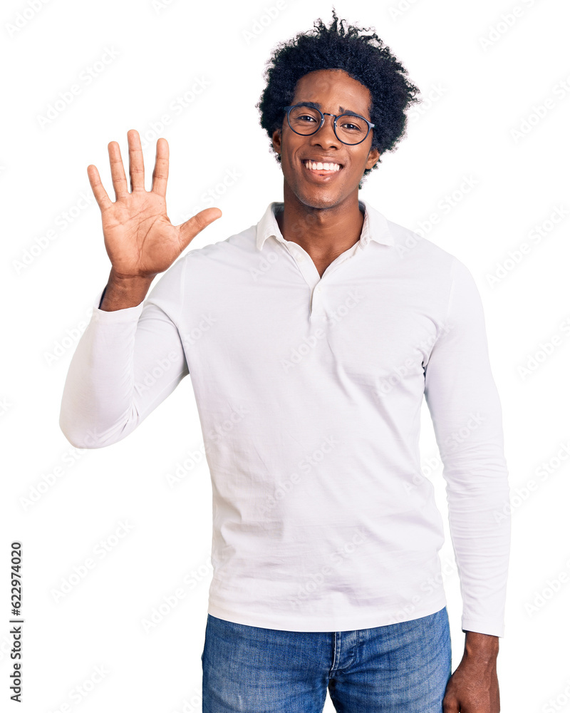 Handsome african american man with afro hair wearing casual clothes and glasses showing and pointing up with fingers number five while smiling confident and happy. Handsome african american man with afro hair wearing casual clothes and glasses showing and pointing up with fingers number five while smiling confident and happy.