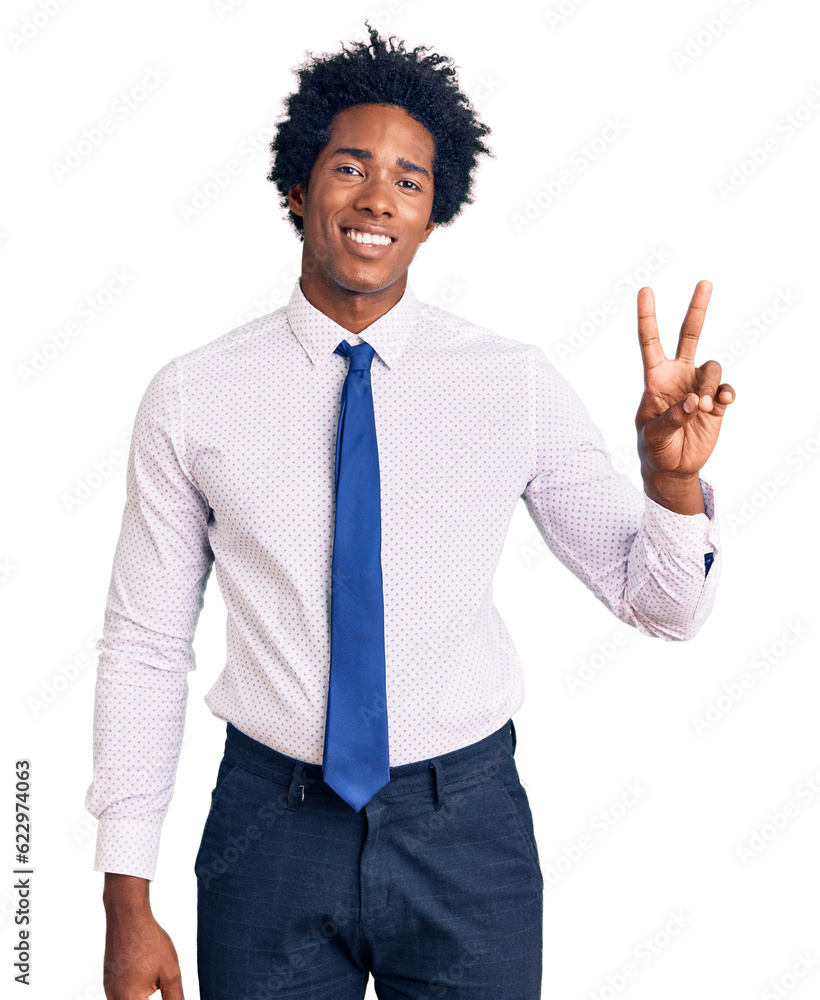 Handsome african american man with afro hair wearing business clothes smiling with happy face winking at the camera doing victory sign. number two. Handsome african american man with afro hair wearing business clothes smiling with happy face winking at the camera doing victory sign. number two.