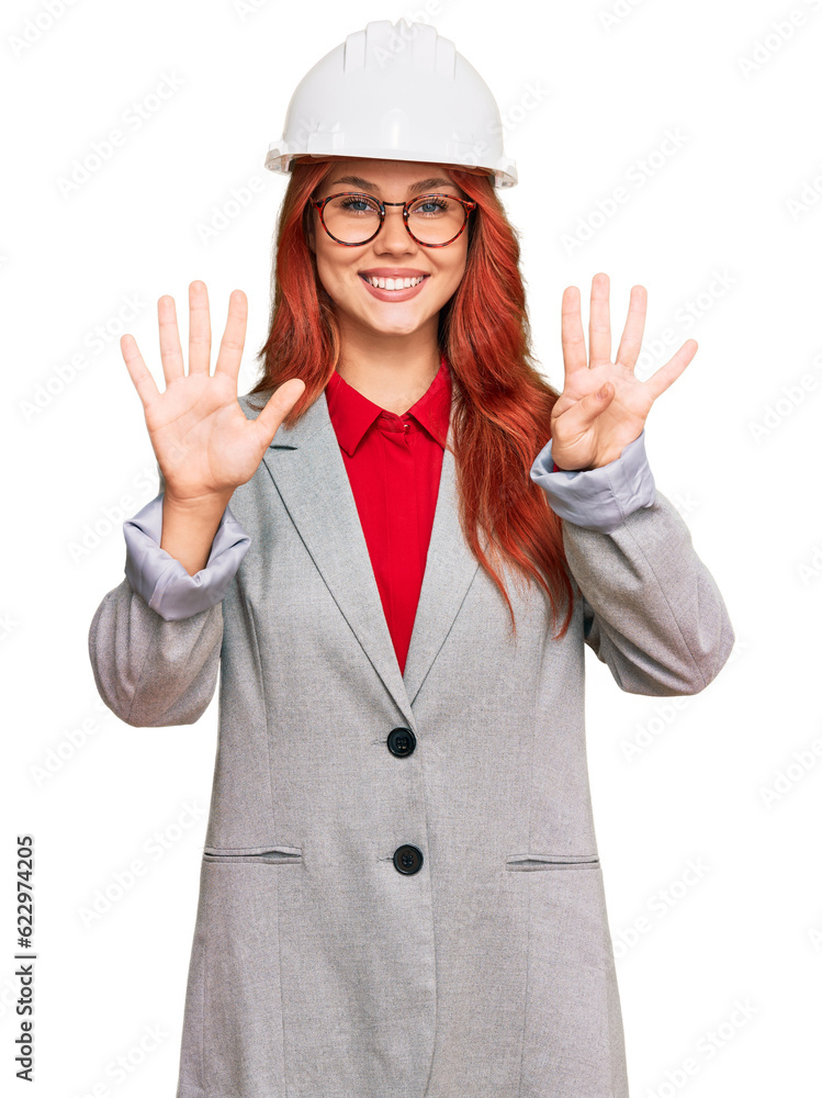 Young redhead woman wearing architect hardhat showing and pointing up with fingers number nine while smiling confident and happy. Young redhead woman wearing architect hardhat showing and pointing up with fingers number nine while smiling confident and happy.