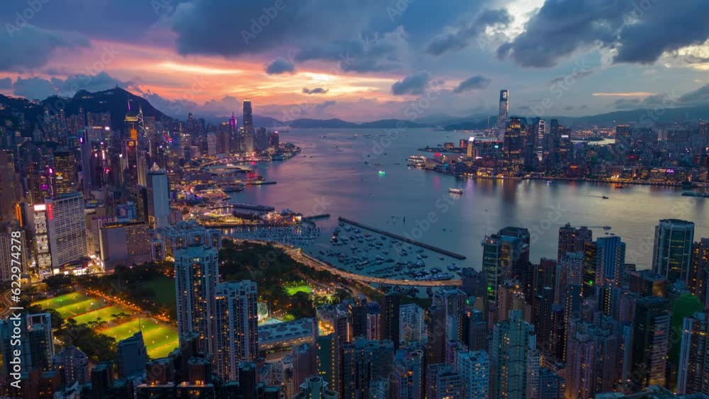 Aerial hyperlapse, dronelapse video of Hong Kong city at night