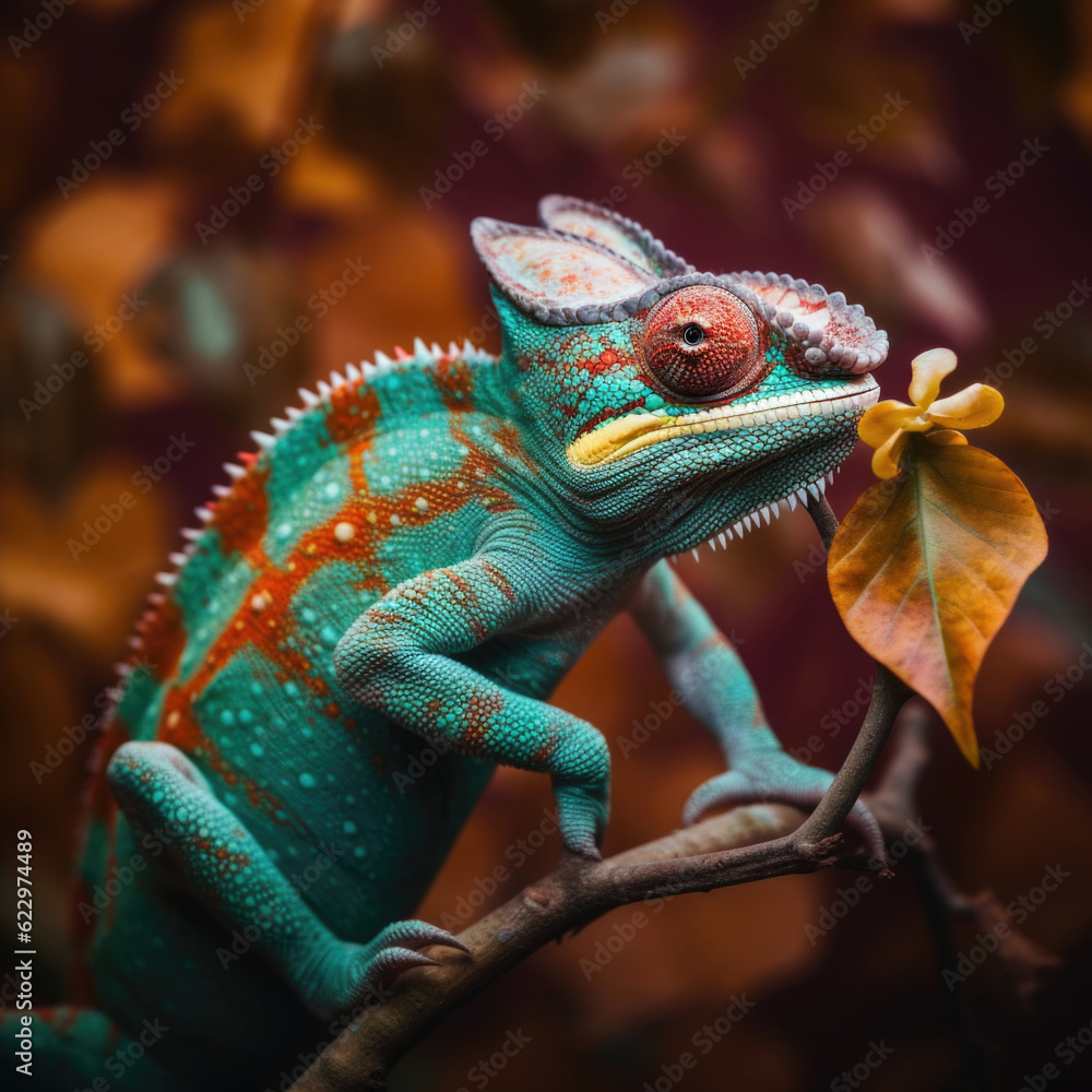Obraz premium Vibrant World: A Kaleidoscope of Colorful Chameleons in their Natural Habitat GENERATIVE AI, AI GENERATIVA