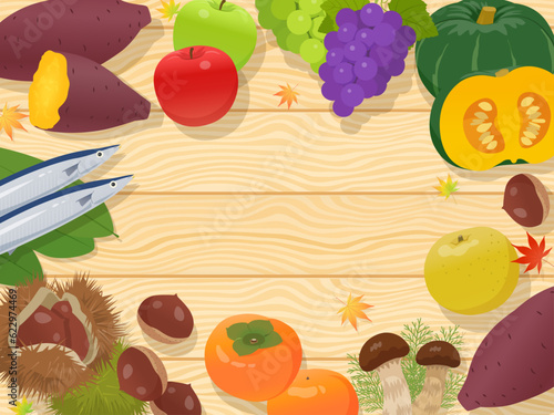 秋の味覚と木目調のフレーム背景_ベクターイラスト