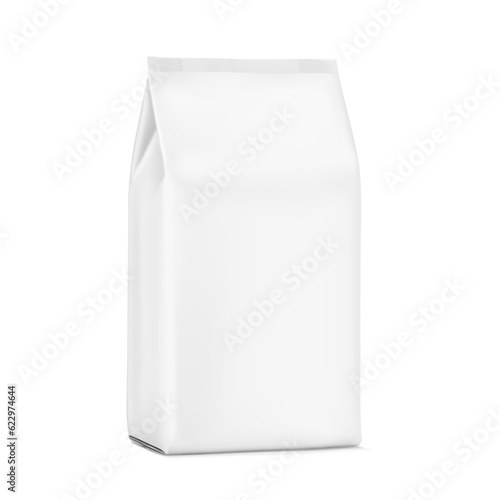 Hyper realistic glossy vertical bag mockup. Half side view. Vector illustration isolated on white background. Can be use for template your design, presentation, promo, ad. EPS10.