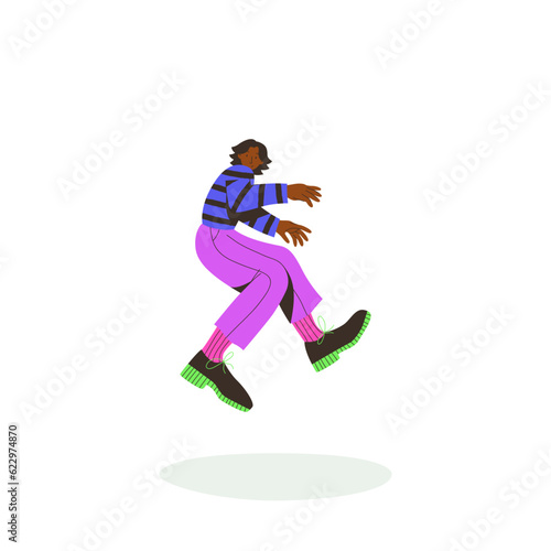 Young asian man jumping. Trendy colorful flat style. Vector illustration. Funny character. Dynamic pose. Student in school or university. International day of young people