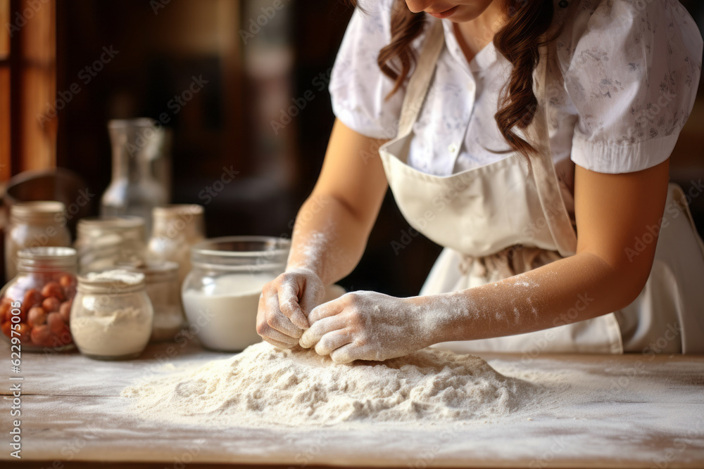 Woman Kneading Flour In Kitchen, Generative AI