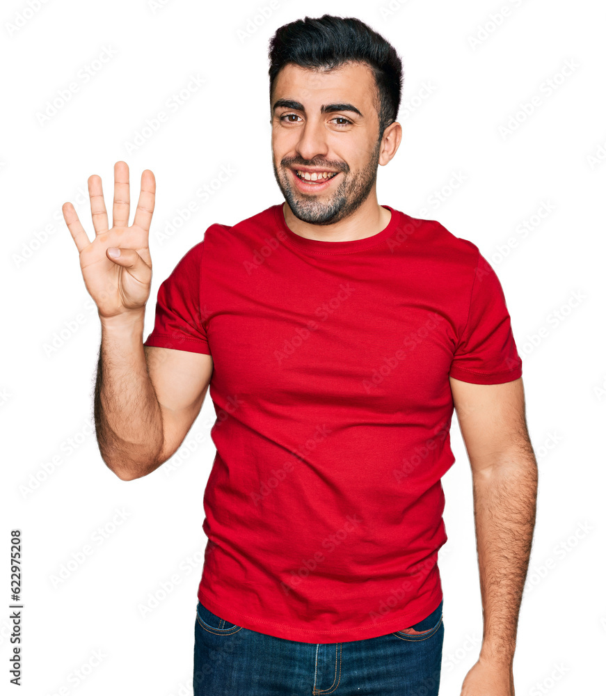 Hispanic man with beard wearing casual red t shirt showing and pointing up with fingers number four while smiling confident and happy. Hispanic man with beard wearing casual red t shirt showing and pointing up with fingers number four while smiling confident and happy.