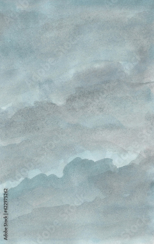 Watercolor painting nature background of dark sky on paper. Landscape. illustration for storm clouds or thunderstorm concept. copy space for the text. Hand painted texture style.