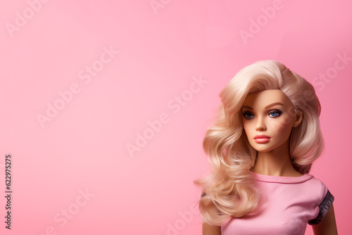 Sexy blond plastic Female in trendy pink stylish outfit and background isolated on pink background, copy space. Beautiful trendy doll face for girls