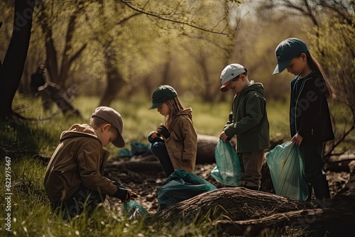 Children cleaning up a forest of waste. AI generative