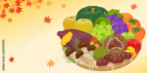 秋の味覚盛り合わせと紅葉の背景（2：1）_ベクターイラスト