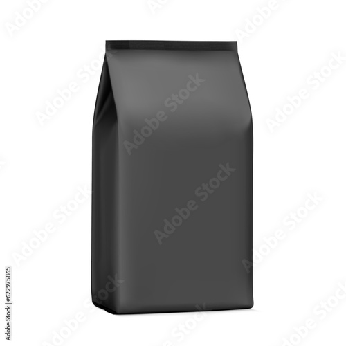 High realistic black vertical stand bag mockup. Vector illustration isolated on white background. Easy to use for presentation your product, idea, promo, design. EPS10.