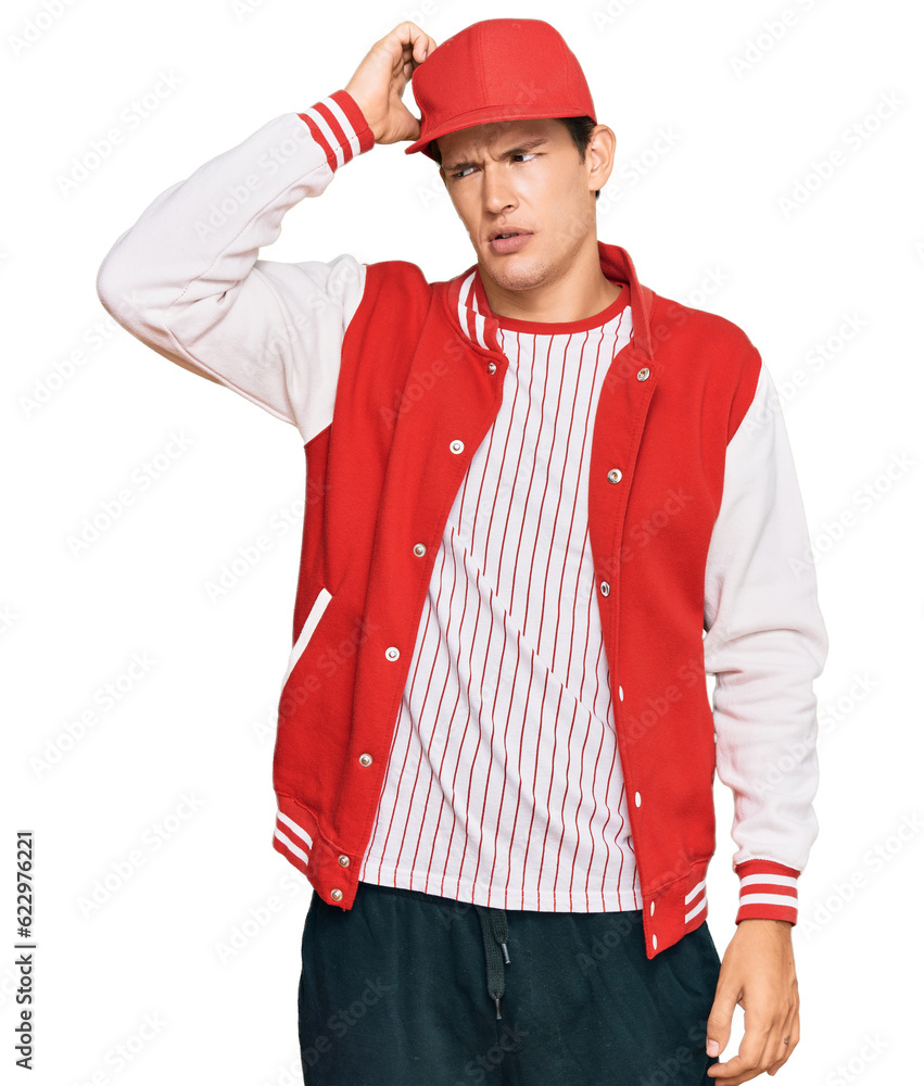 Handsome caucasian man wearing baseball uniform confuse and wonder about question. uncertain with doubt, thinking with hand on head. pensive concept. Handsome caucasian man wearing baseball uniform confuse and wonder about question. uncertain with doubt, thinking with hand on head. pensive concept.