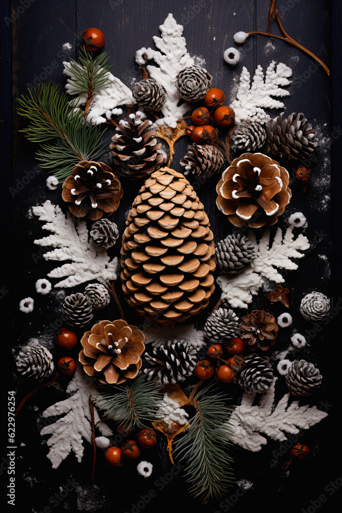 Winter leaves with pine cones and pine cones on wooden, christmas background, ai generative Winter leaves with pine cones and pine cones on wooden, christmas background, ai generative