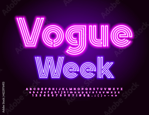 Vector neon Banner Vogue Week. Maze glowing Font. Light Tube set of Alphabet Letters, Numbers and Symbols