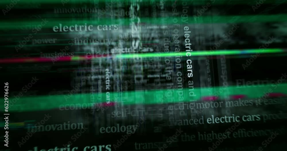 Electric cars EV clean and sustainable transport and green energy headline news titles across media. Abstract concept displays loop. Flight between screens with glitch effect seamless and looped 3d. Electric cars EV clean and sustainable transport and green energy headline news titles across media. Abstract concept displays loop. Flight between screens with glitch effect seamless and looped 3d.