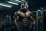 fit Tiger standing at the gym, Muscular Tiger Exuding Strength at the Gym, generative AI