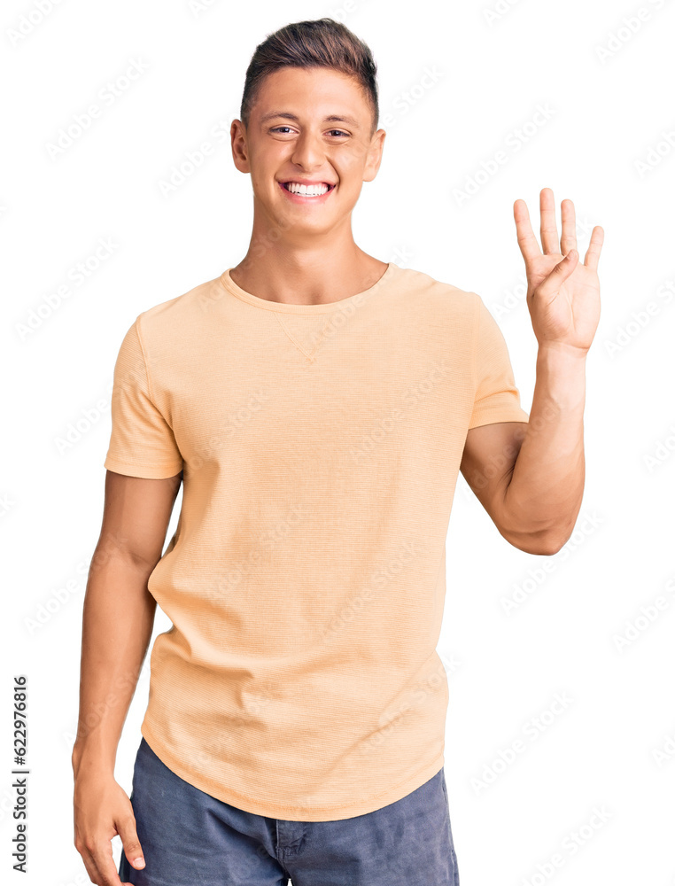 Young handsome man wearing casual clothes showing and pointing up with fingers number four while smiling confident and happy. Young handsome man wearing casual clothes showing and pointing up with fingers number four while smiling confident and happy.