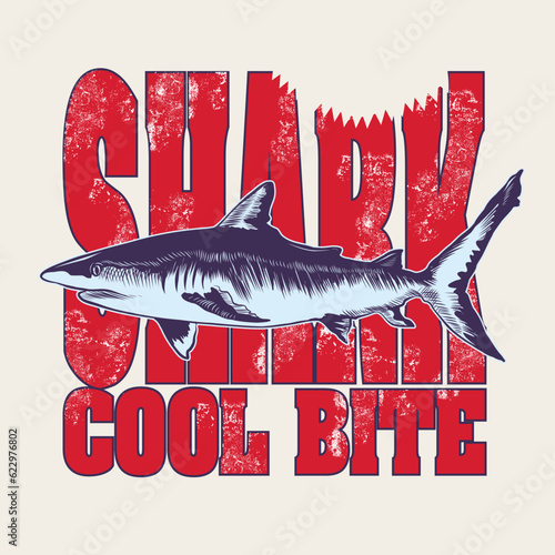 Shark cool bite.Hand drawn vintage label with a shark and lettering. For apparel t shirt fashion design and or other uses
