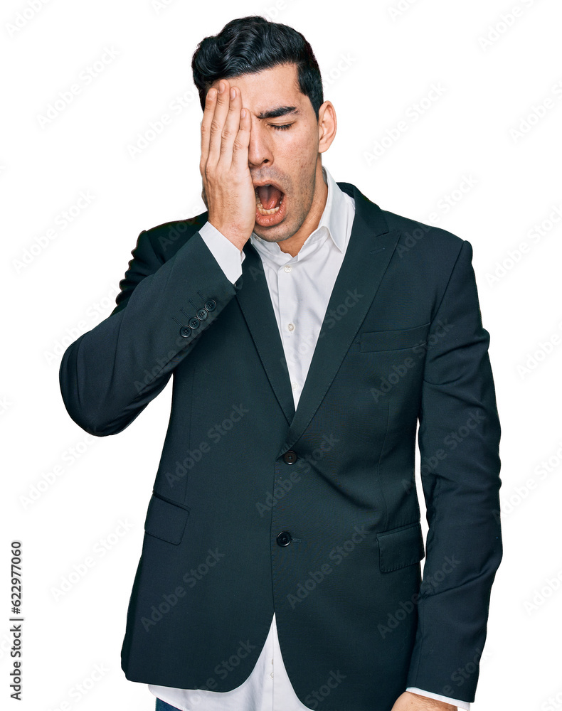 Handsome hispanic man wearing business clothes yawning tired covering half face, eye and mouth with hand. face hurts in pain. Handsome hispanic man wearing business clothes yawning tired covering half face, eye and mouth with hand. face hurts in pain.