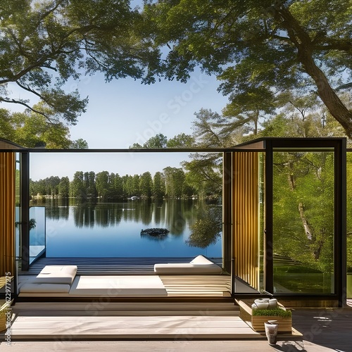 155 A serene lakeside pavilion with minimalist design, panoramic windows, and tranquil seating areas, providing a peaceful space to enjoy the beauty of nature2, Generative AI