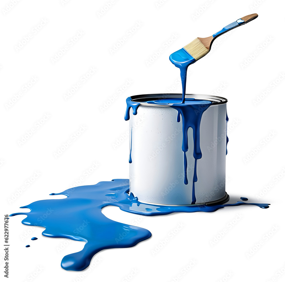 Paint can with brush dripping blue paint, isolated, AI generated Stock