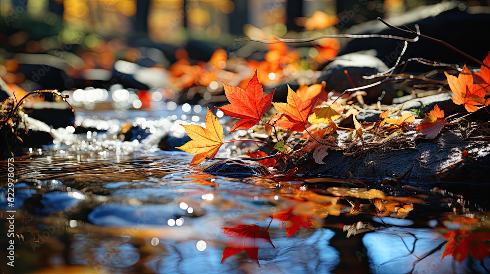 Falling maple leaves are blown away by the stream, ai generative Falling maple leaves are blown away by the stream, ai generative