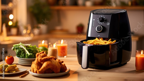 an airfryer on a table next to chicken and fries