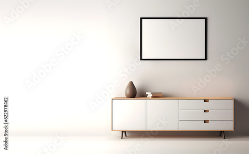 Creative interior concept. Large blank empty minimal wall room with cabinet shelf sideboard and photo frame. Banner template for product presentation. Mock up. copy text space 