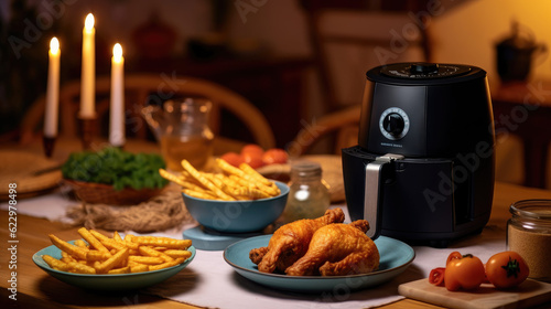 an airfryer on a table next to chicken and fries