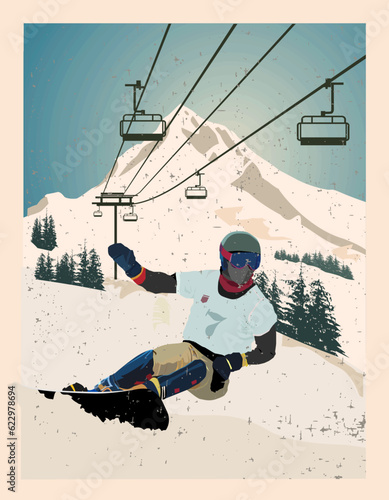 Winter poster. An experienced snowboarder descends from a downhill mountain. Sports descent on a snowboard from the mountain. Vector illustration.