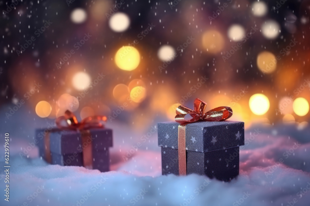 Gift box on snowfall background. Christmas theme. Generative ai. Gift box on snowfall background. Christmas theme. Generative ai.