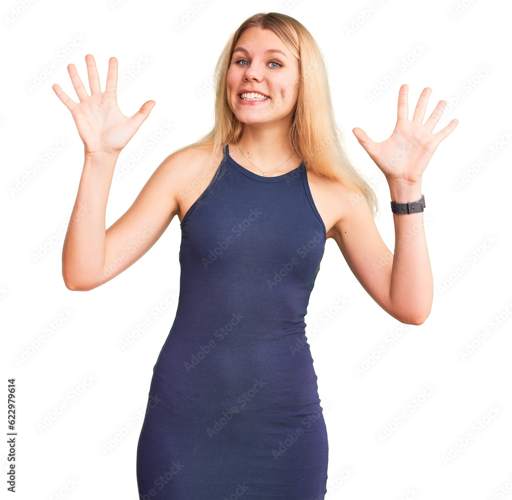 Young beautiful blonde woman wearing casual dress showing and pointing up with fingers number ten while smiling confident and happy. Young beautiful blonde woman wearing casual dress showing and pointing up with fingers number ten while smiling confident and happy.