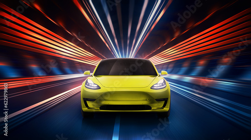 Speeding yellow color electric sports car on neon tunnel. Future supercar on a tunnel with colorful lights trails. 3D rendering.