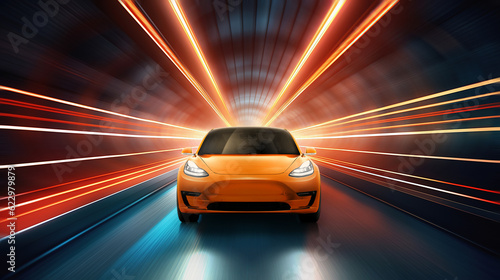 Speeding orange color electric sports car on neon tunnel. Future supercar on a tunnel with colorful lights trails. 3D rendering.