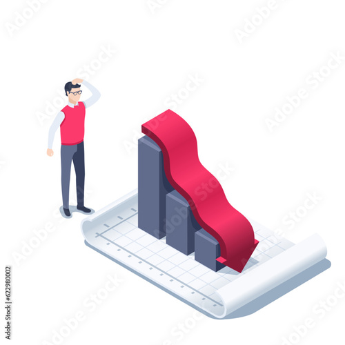 isometric vector illustration on a white background, a man looks puzzled at a chart with an arrow falling down, a financial crisis or a downturn in business