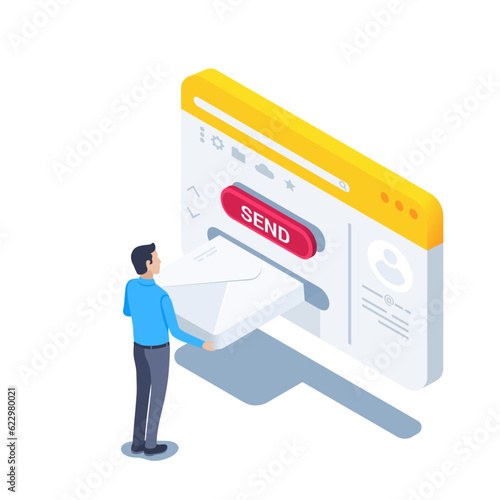 isometric vector illustration on a white background, a man puts an envelope in the window of the mail program and a red button with the inscription send, mail manager or box