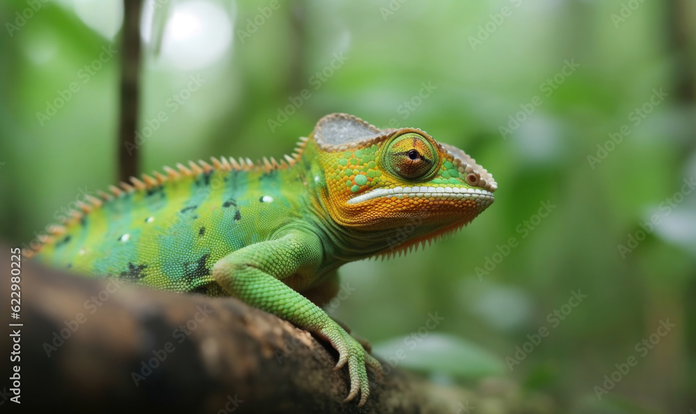 Fototapeta premium Vibrant World: A Kaleidoscope of Colorful Chameleons in their Natural Habitat GENERATIVE AI, AI GENERATIVA