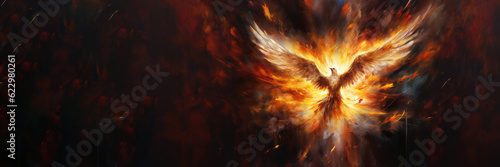 Winged dove in flames, a representation of the New Testament Holy Spirit with copy space © Faith Stock