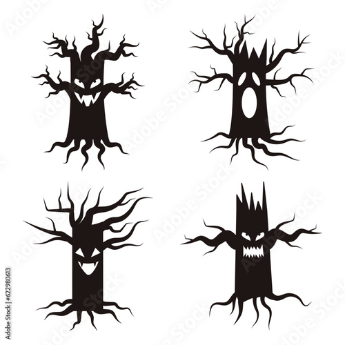 Halloween Tree Scary Black trees silhouette on white background. Vector illustration