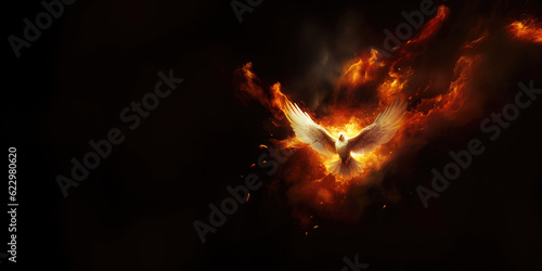 Winged dove in flames, a representation of the New Testament Holy Spirit with copy space photo