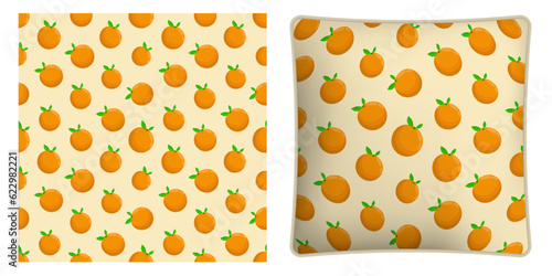 Square decorative pillow, bedroom accessory decorated seamless pattern with whole orange and leaves. Vector ornament for design of posters and printing on textile