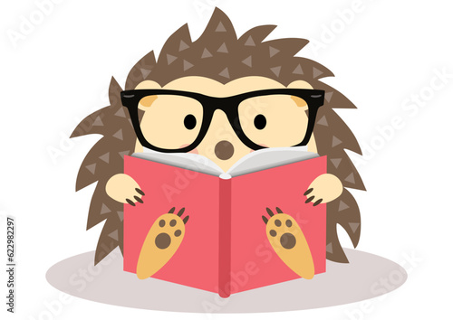 Cute hedgehog sitting reading a book