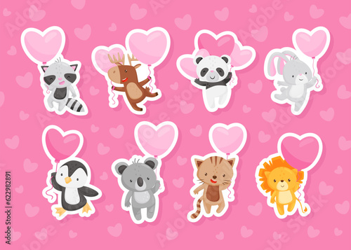Cute Animals Holding Heart Shaped Pink Balloons Vector Sticker Set