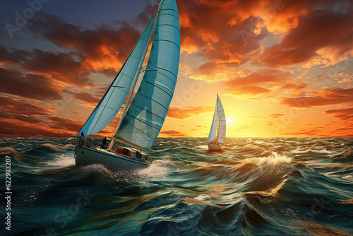 Beautiful sailboat sailing om sunset, Racing sail boat, ships race  in the ocean waves, Travel and tourism at sea, AI Generative. © Viktoriia